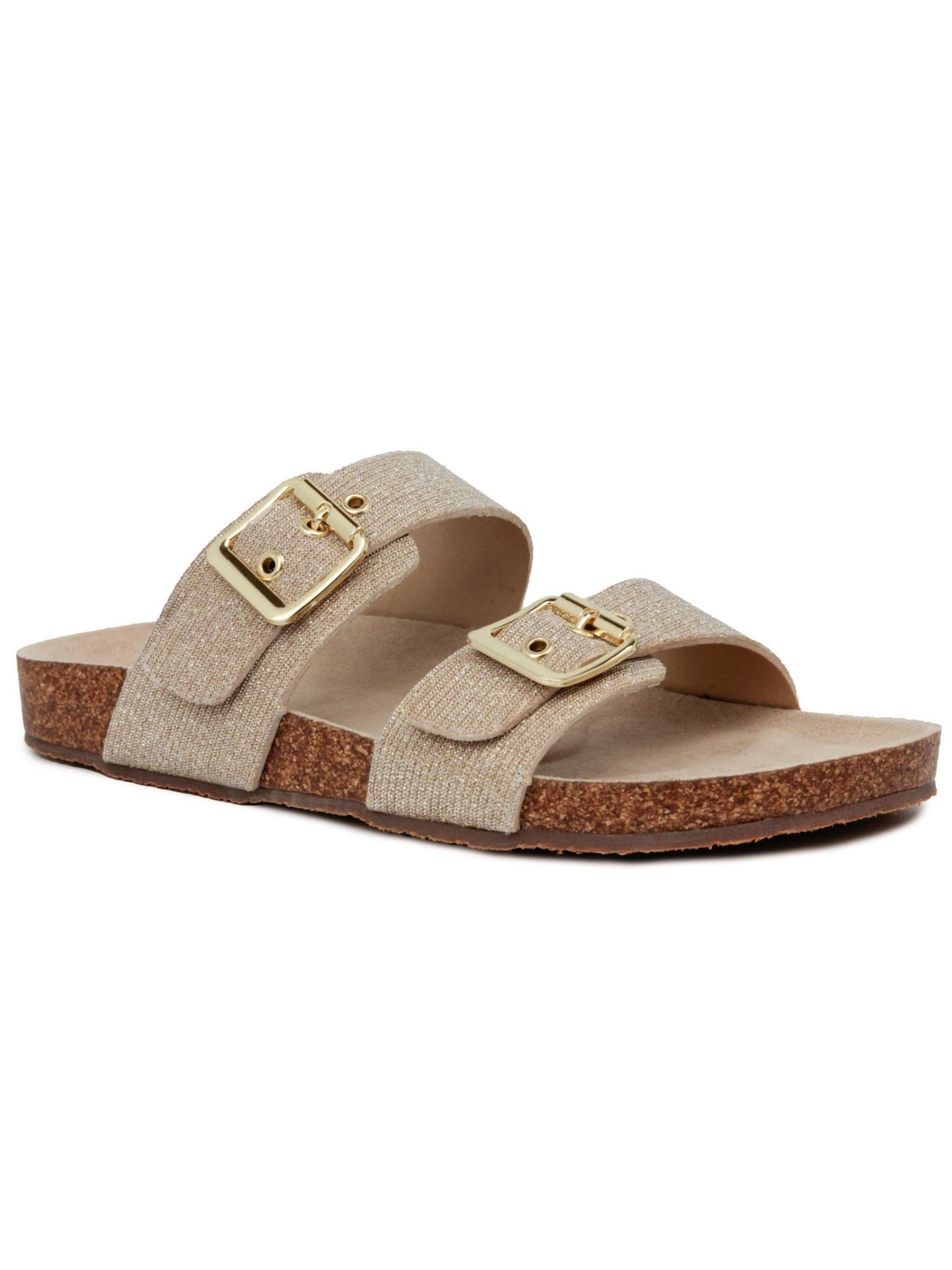 JONES NY Womens Gold Double Band Cork-Like Jute Buckle Accent Arch Support Weslee Round Toe Platform Slip On Slide Sandals 9 M