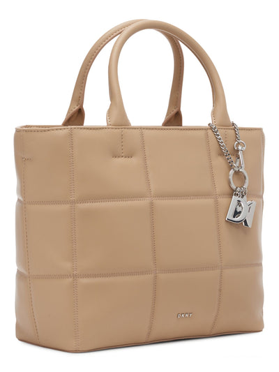 DKNY Women's Beige Quilted PVC Adjustable Detachable 23In Strap Double Flat Strap Tote Handbag Purse