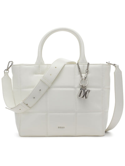 DKNY Women's White Quilted PVC Adjustable Detachable 23In Strap Double Flat Strap Tote Handbag Purse