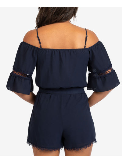 B DARLIN Womens Navy Lace Belted Pocketed Elbow Sleeve Off Shoulder Wide Leg Romper 3\4