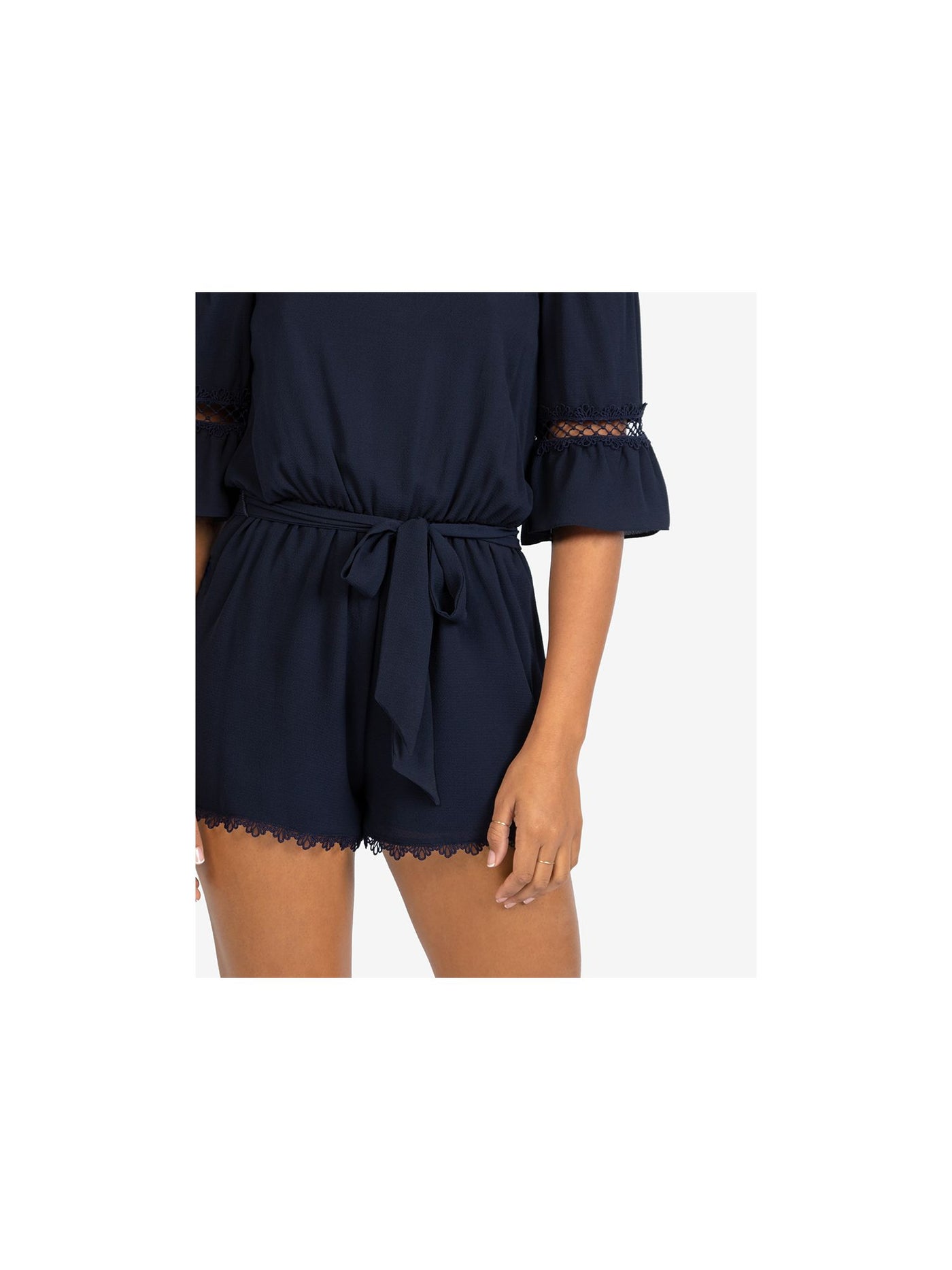 B DARLIN Womens Navy Lace Belted Pocketed Elbow Sleeve Off Shoulder Wide Leg Romper 13\14