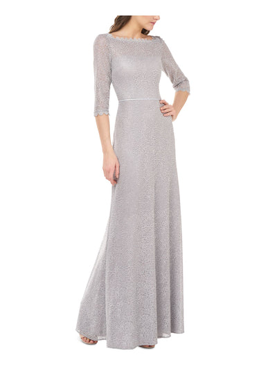JS COLLECTIONS Womens Silver Embellished Zippered 3/4 Sleeve Boat Neck Full-Length Formal Gown Dress 2