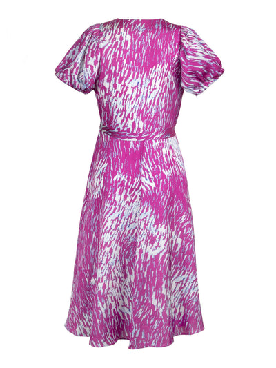 RACHEL RACHEL ROY Womens Pink Tie Lined Printed Short Sleeve Surplice Neckline Midi Wear To Work Wrap Dress 0