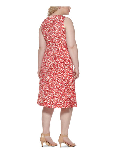 VINCE CAMUTO Womens Coral Jersey Pleated Animal Print Sleeveless V Neck Knee Length Cocktail Fit + Flare Dress Plus 18W