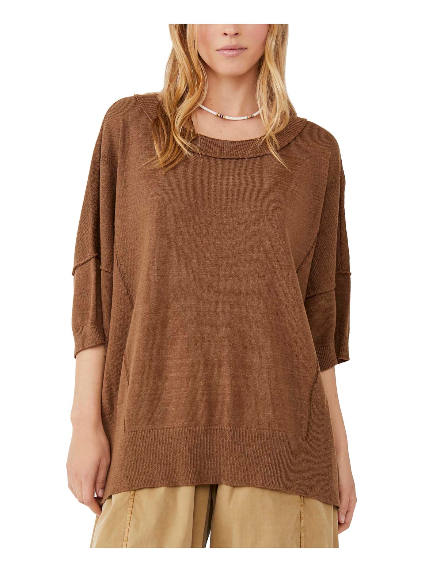 FREE PEOPLE Womens Brown Elbow Sleeve Jewel Neck T-Shirt XS