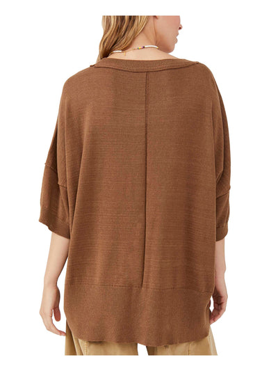 FREE PEOPLE Womens Brown Elbow Sleeve Jewel Neck T-Shirt XS