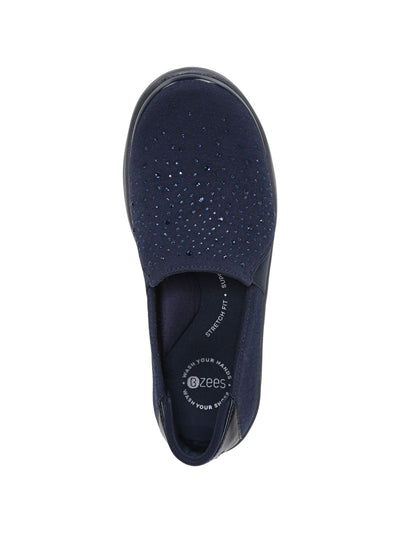 BZEES Womens Navy Mixed Media Odor Control Cushioned Rhinestone Arch Support Poppyseed Round Toe Wedge Slip On Flats Shoes 10 M