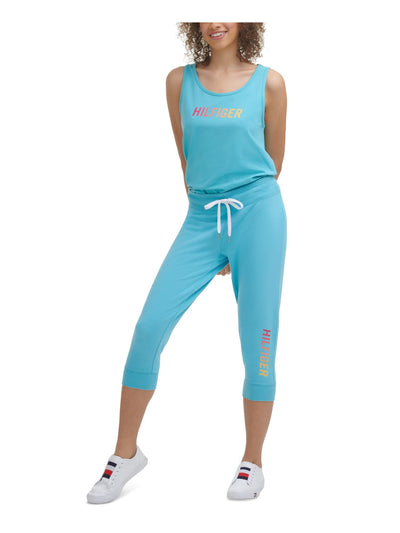 TOMMY HILFIGER SPORT Womens Turquoise Tie Drawstring Waist Joggers Logo Graphic Active Wear Capri Pants XS
