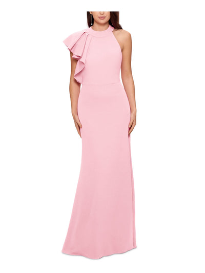 BETSY & ADAM Womens Stretch Zippered Hook And Eye Closure Flutter Sleeve Halter Full-Length Cocktail Gown Dress