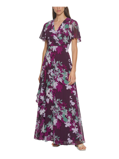 CALVIN KLEIN Womens Purple Zippered Pleated Chiffon Lined Floral Flutter Sleeve Surplice Neckline Full-Length Formal Gown Dress 14
