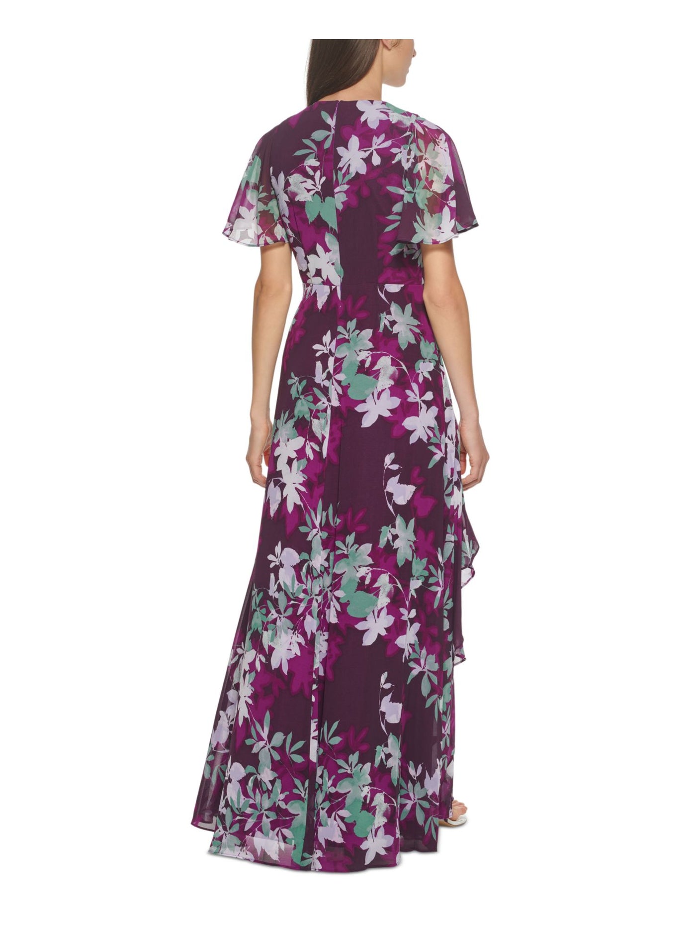 CALVIN KLEIN Womens Purple Zippered Pleated Chiffon Lined Floral Flutter Sleeve Surplice Neckline Full-Length Formal Gown Dress 2