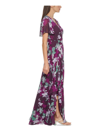 CALVIN KLEIN Womens Purple Zippered Pleated Chiffon Lined Floral Flutter Sleeve Surplice Neckline Full-Length Formal Gown Dress 4