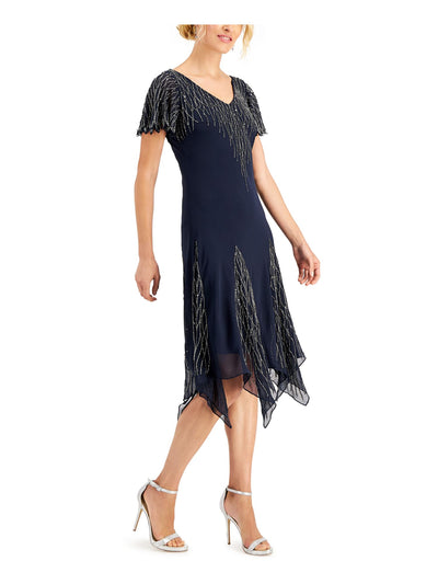 JKARA Womens Navy Beaded Handkerchief Hem Lined Short Sleeve V Neck Knee Length Cocktail Shift Dress 6