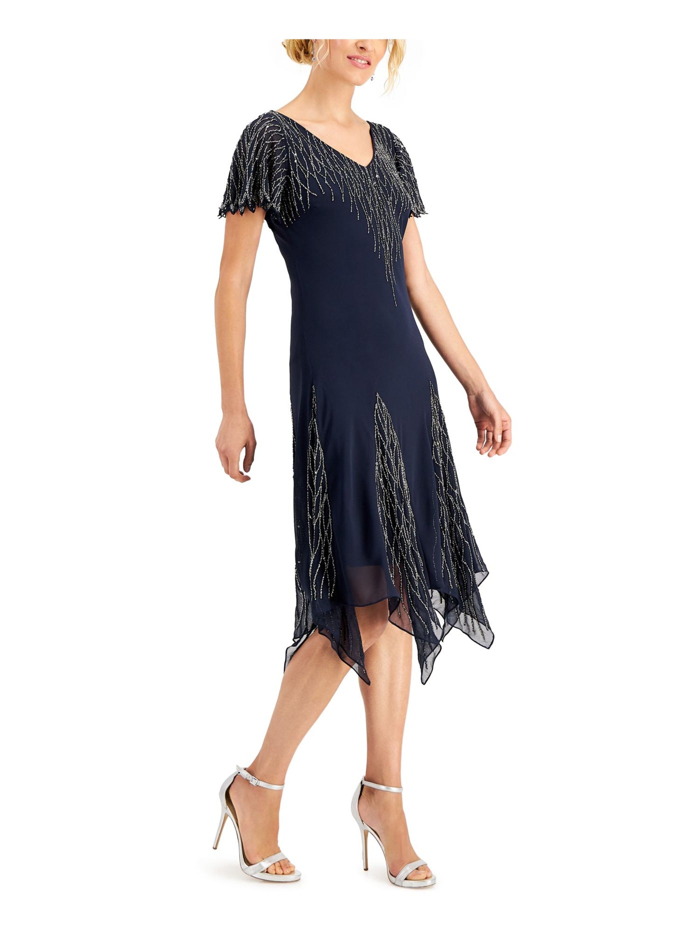 JKARA Womens Navy Beaded Handkerchief Hem Lined Short Sleeve V Neck Knee Length Cocktail Shift Dress 12