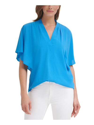 CALVIN KLEIN Womens Blue Stretch Pleated Draped V-neck Flutter Sleeve Wear To Work Top S