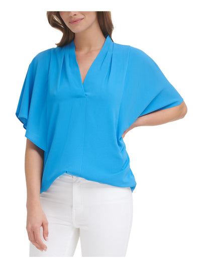 CALVIN KLEIN PERFORMANCE Womens Blue Stretch Pleated Draped V-neck Flutter Sleeve Wear To Work Top M