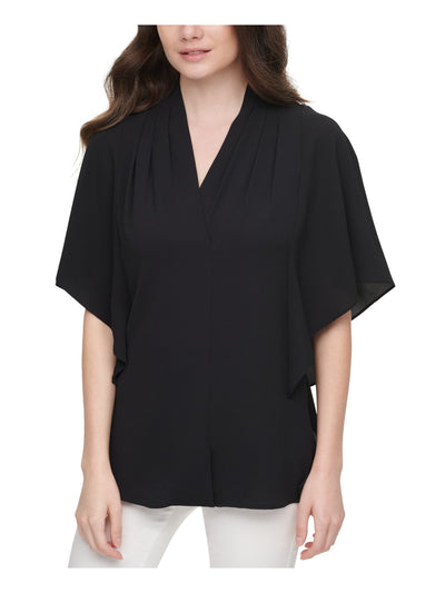 CALVIN KLEIN Womens Black Stretch Pleated Draped V-neck Flutter Sleeve Wear To Work Top S