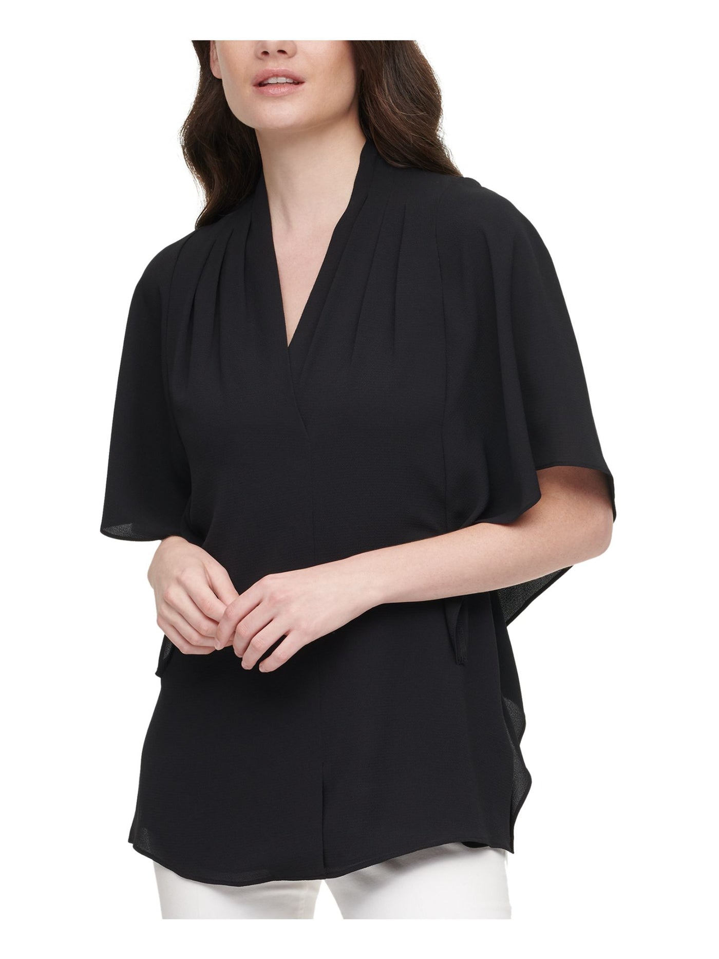 CALVIN KLEIN Womens Black Stretch Pleated Draped V-neck Flutter Sleeve Wear To Work Top S