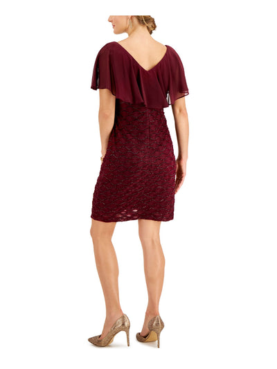 CONNECTED APPAREL Womens Burgundy Sheer Overlay Jersey-knit Pullover Short Sleeve V Neck Above The Knee Evening Sheath Dress 6