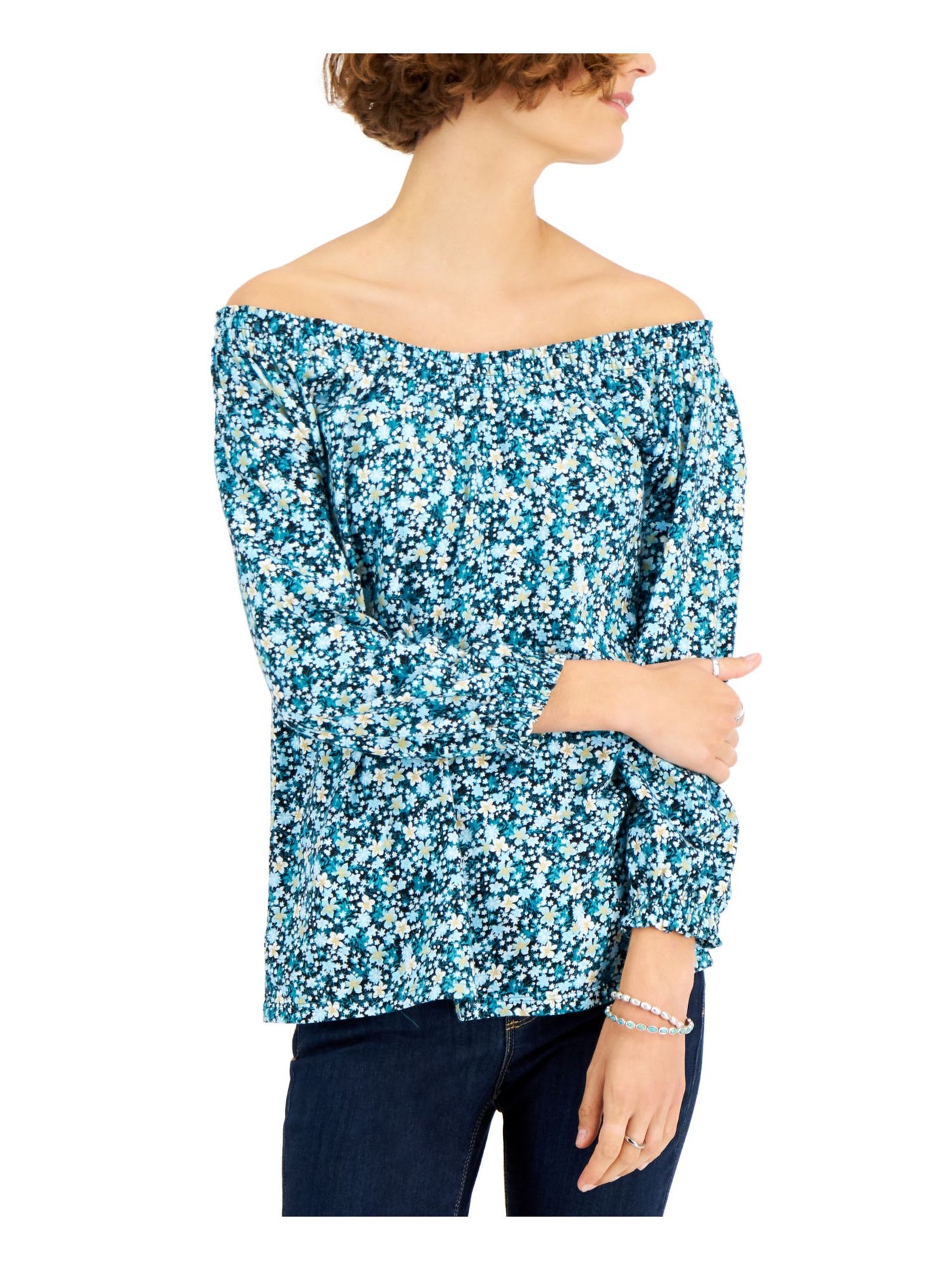 STYLE & COMPANY Womens Teal Smocked Floral 3/4 Sleeve Off Shoulder Peasant Top XS