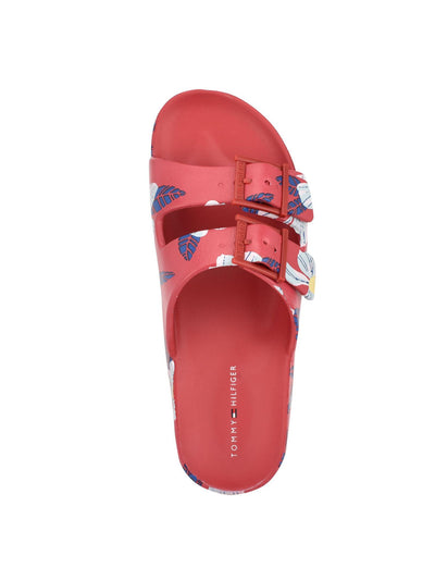 TOMMY HILFIGER Womens Red Floral Logo Jelz Round Toe Slip On Slide Sandals 7 M