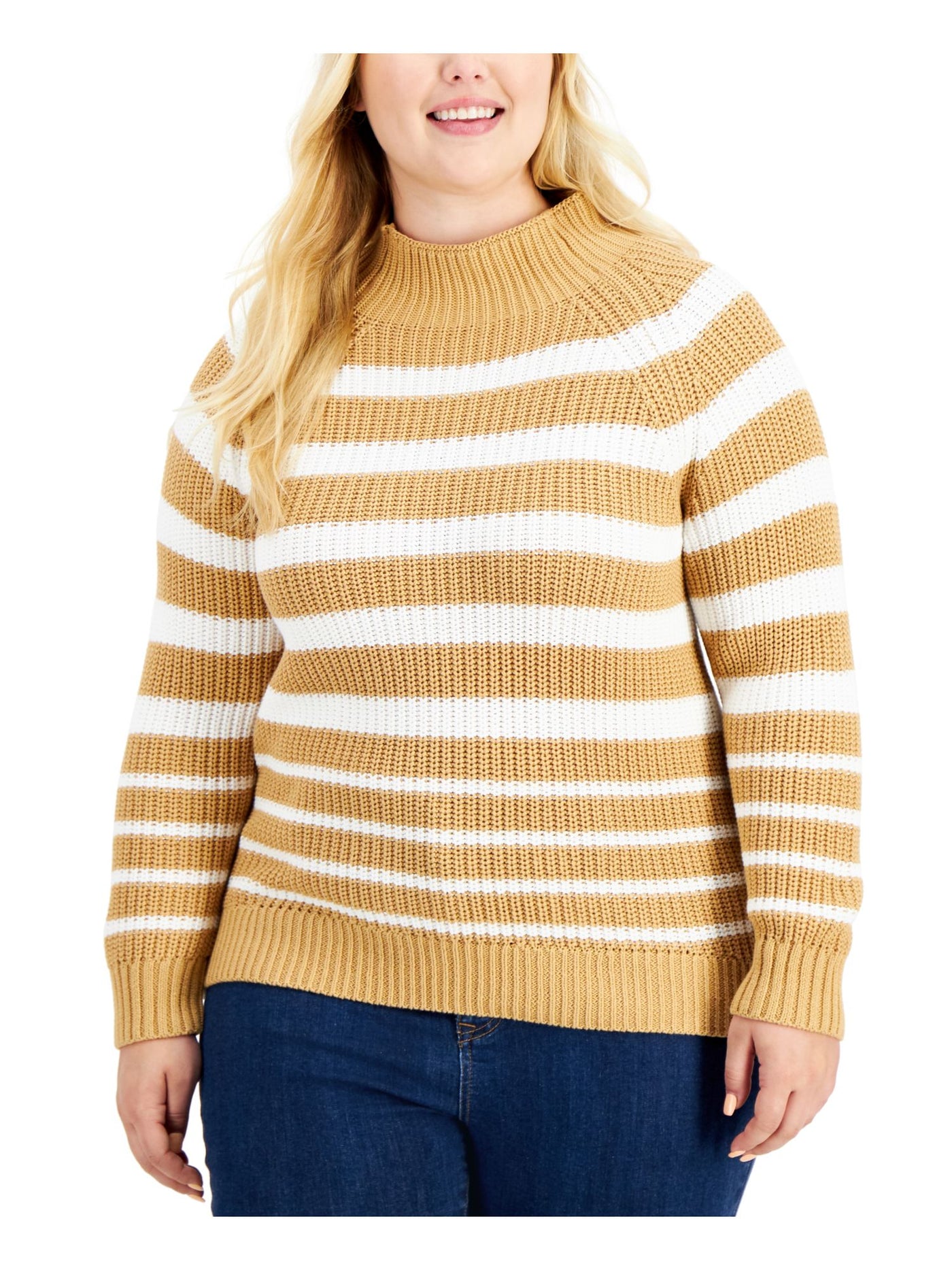 STYLE & COMPANY Womens Beige Cotton Textured Funnel Neck Striped Long Sleeve Sweater Plus 3X