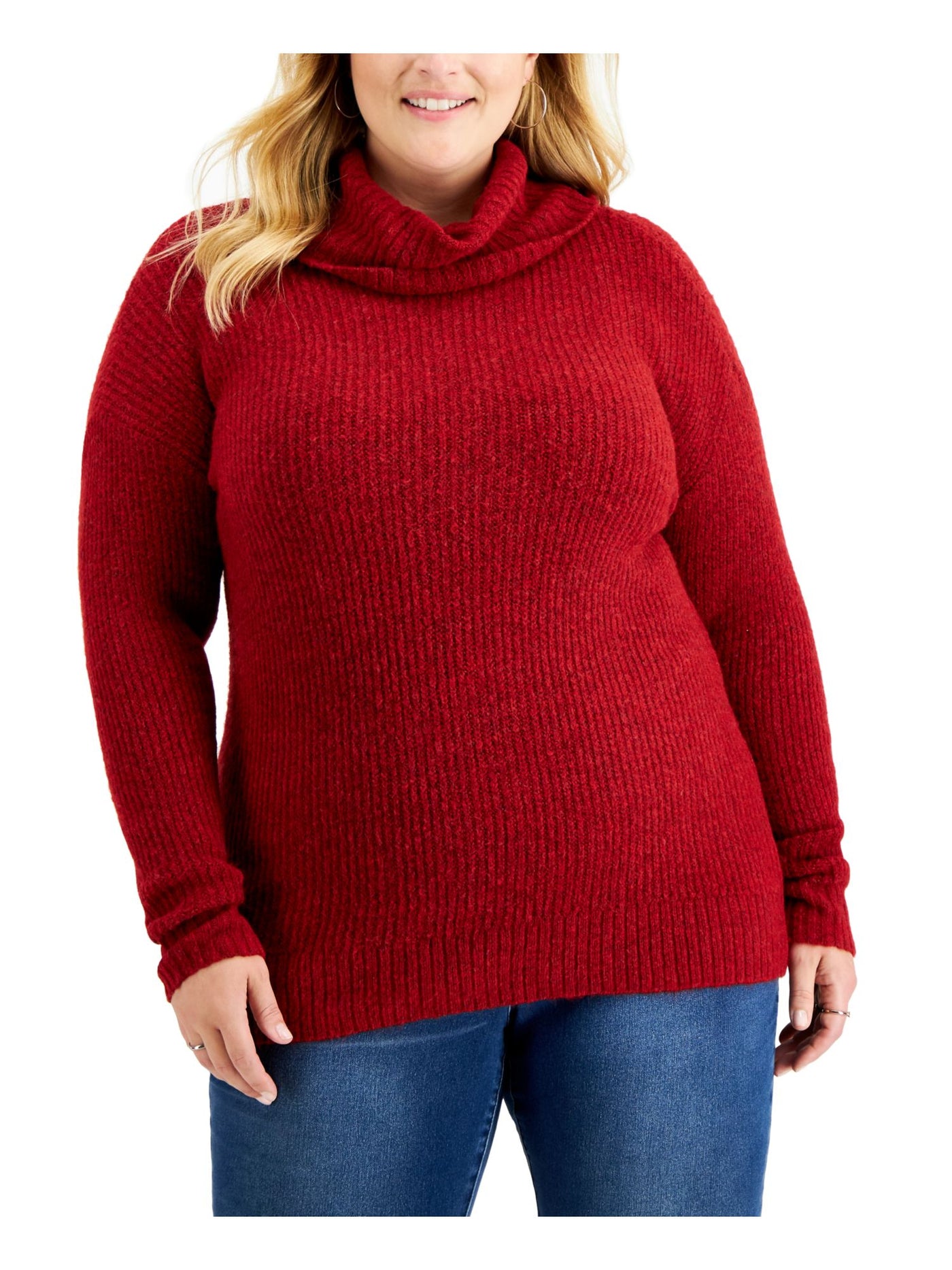 STYLE & COMPANY Womens Red Knit Ribbed Heather Long Sleeve Cowl Neck Tunic Sweater Plus 1X