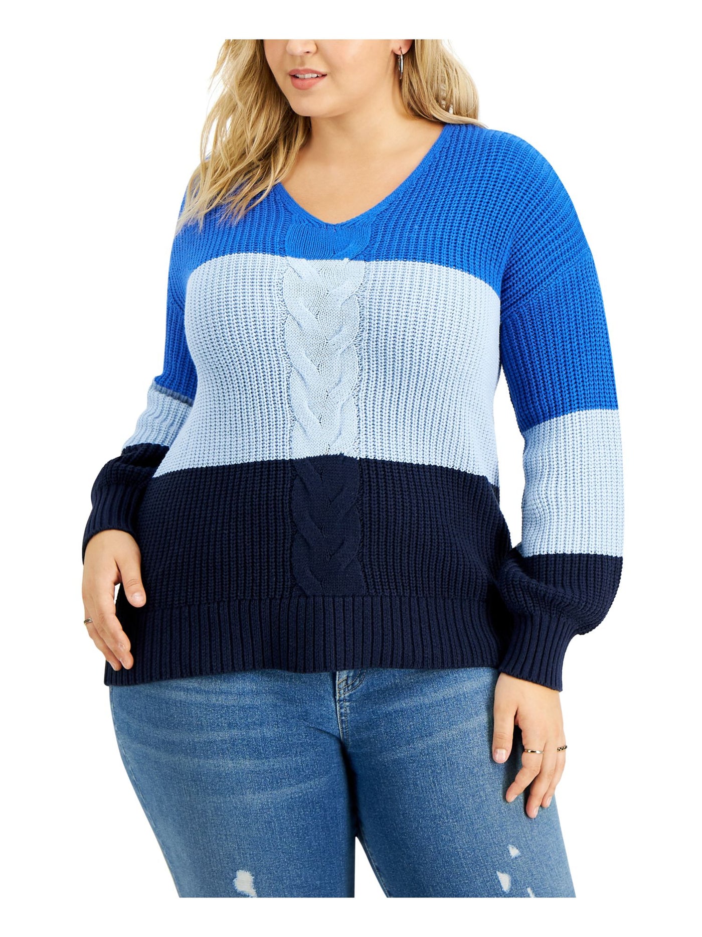 STYLE & COMPANY Womens Blue Textured Ribbed Color Block Long Sleeve V Neck Sweater Plus 0X