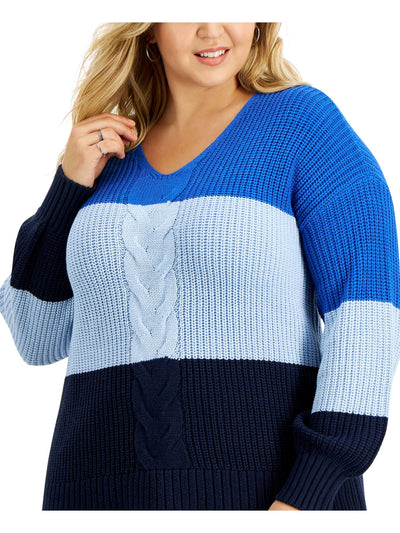 STYLE & COMPANY Womens Blue Textured Ribbed Color Block Long Sleeve V Neck Sweater Plus 0X