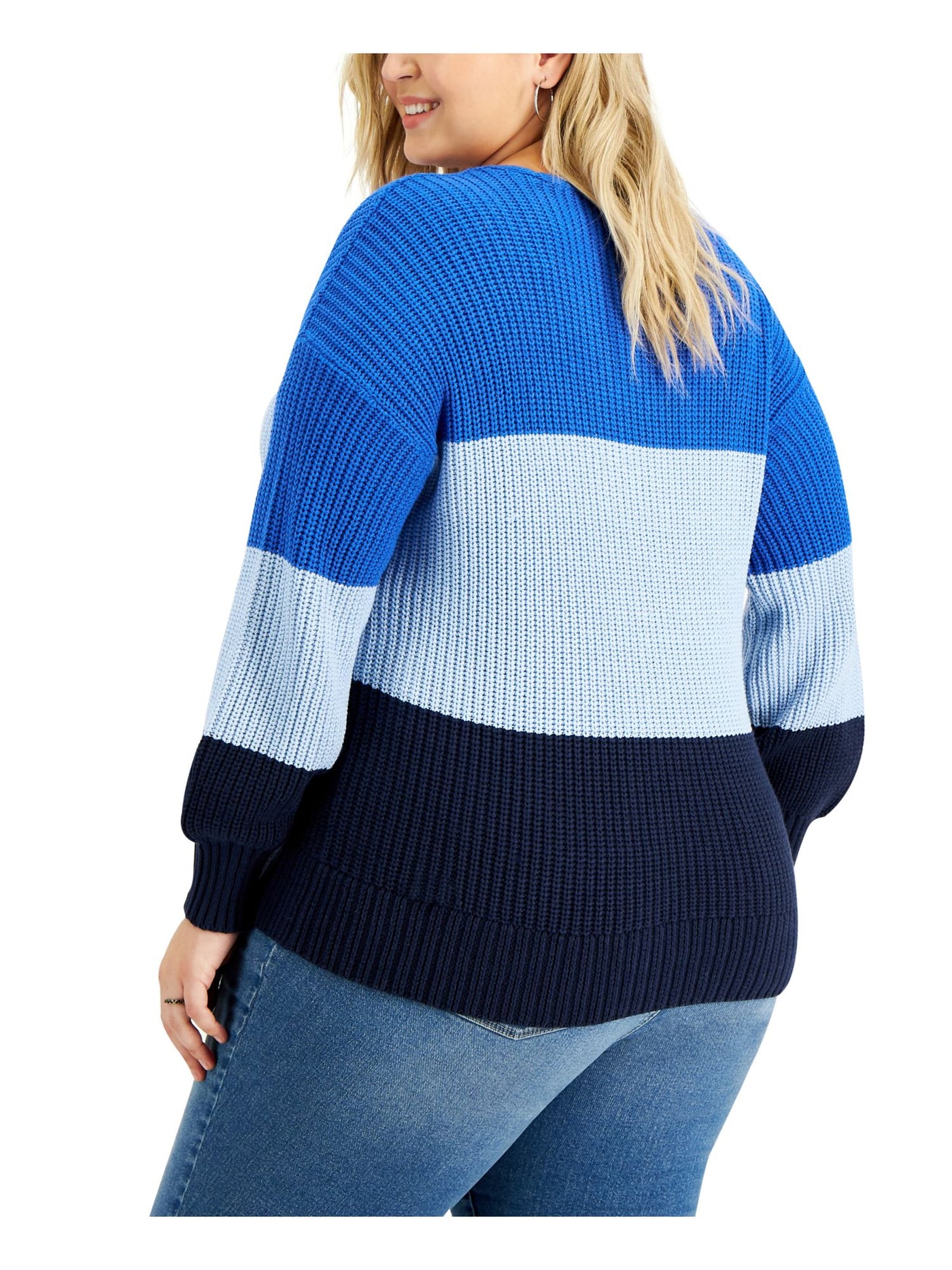 STYLE & COMPANY Womens Blue Textured Ribbed Color Block Long Sleeve V Neck Sweater Plus 0X