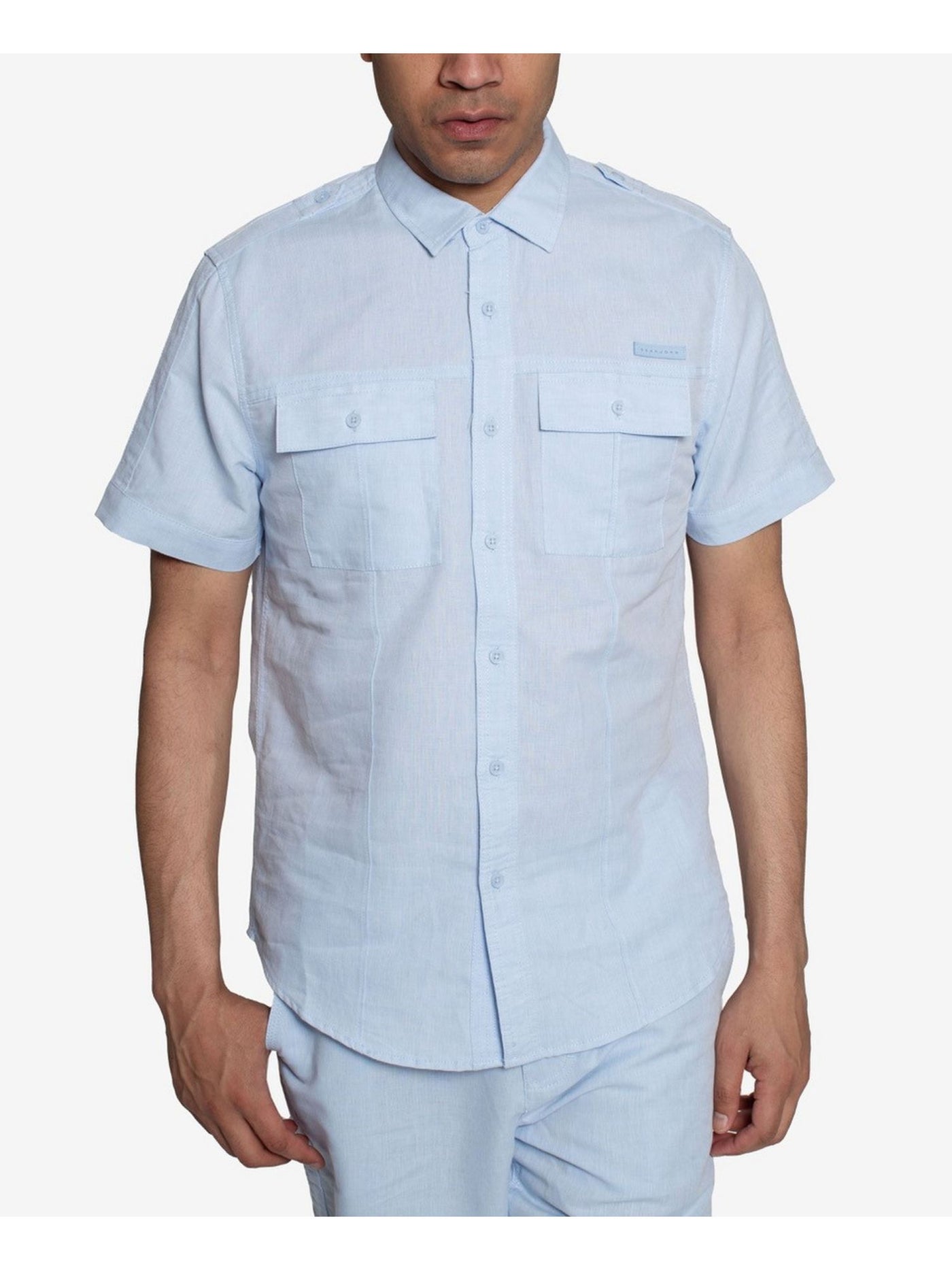 SEANJOHN Mens Light Blue Short Sleeve Point Collar Classic Fit Button Down Shirt M
