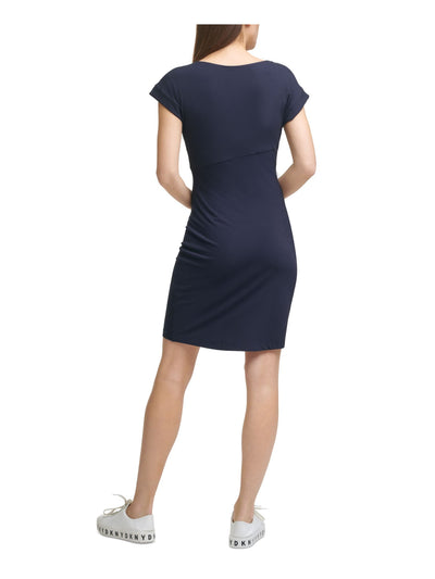 DKNY Womens Navy Stretch Gathered Pull Over Style Cap Sleeve Jewel Neck Above The Knee Sheath Dress M