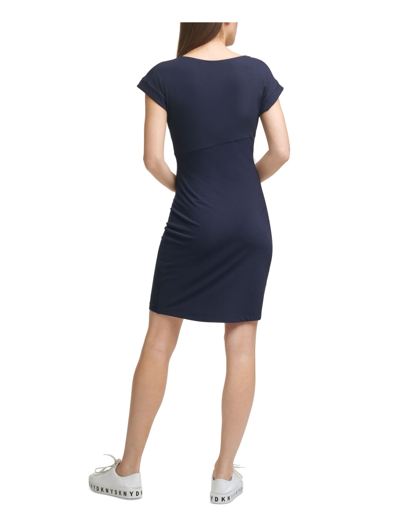 DKNY Womens Navy Stretch Gathered Pull Over Style Cap Sleeve Jewel Neck Above The Knee Sheath Dress L