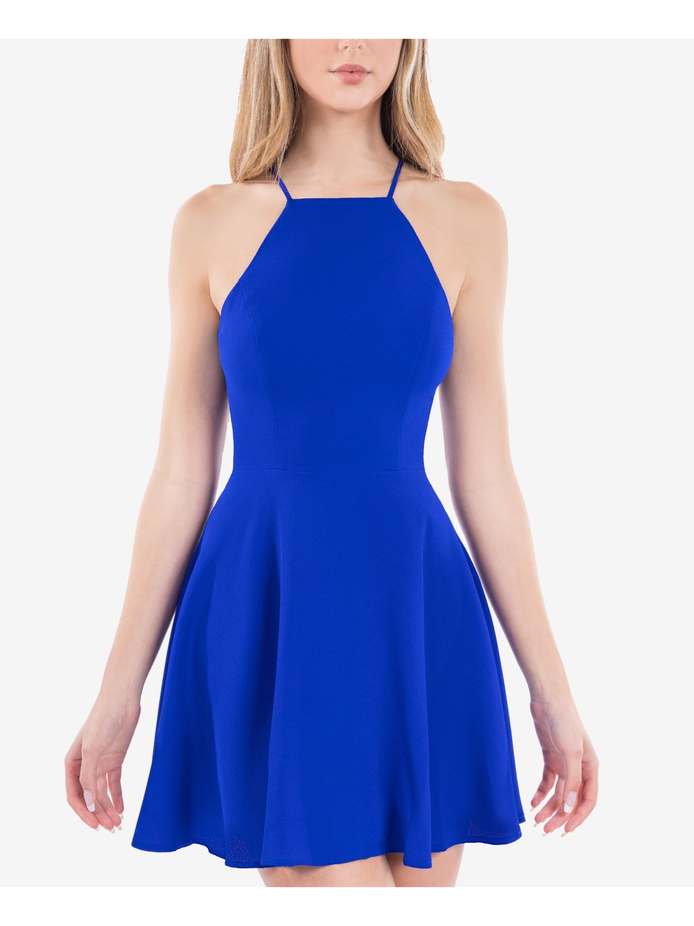 B DARLIN Womens Blue Stretch Zippered Textured Lace-back Sleeveless Halter Short Party A-Line Dress Juniors 11