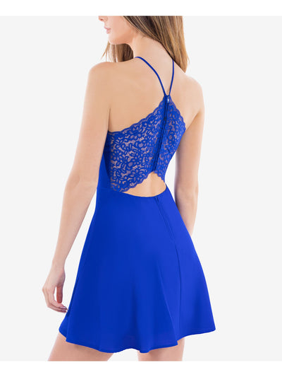 B. SMART Womens Blue Stretch Zippered Textured Lace-back Sleeveless Halter Short Party A-Line Dress Juniors 3