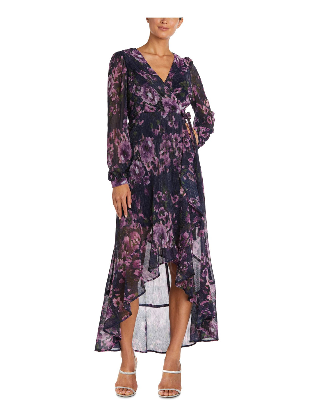 NIGHTWAY Womens Stretch Metallic Floral Long Sleeve Surplice Neckline Bobbi + Bricka NIGHTWAY Womens Stretch Metallic Floral Long Sleeve Surplice Neckline Bobbi + Bricka