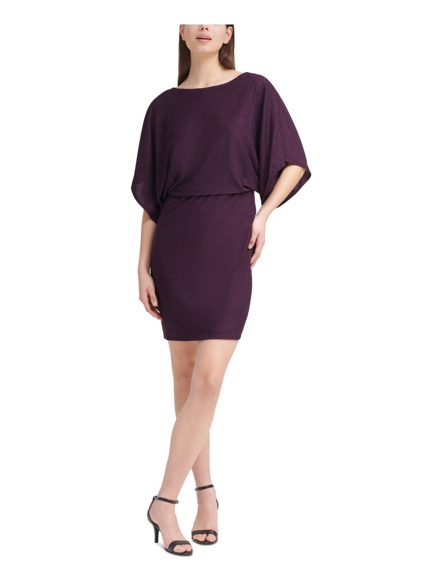 JESSICA HOWARD Womens Purple Stretch Textured Metallic Partially Lined Dolman Sleeve Boat Neck Short Evening Blouson Dress 6