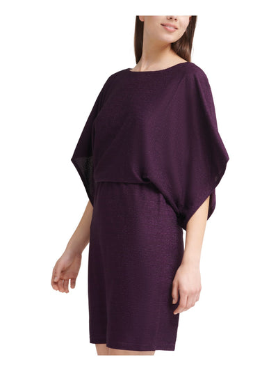 JESSICA HOWARD Womens Purple Stretch Textured Metallic Partially Lined Dolman Sleeve Boat Neck Short Evening Blouson Dress 6