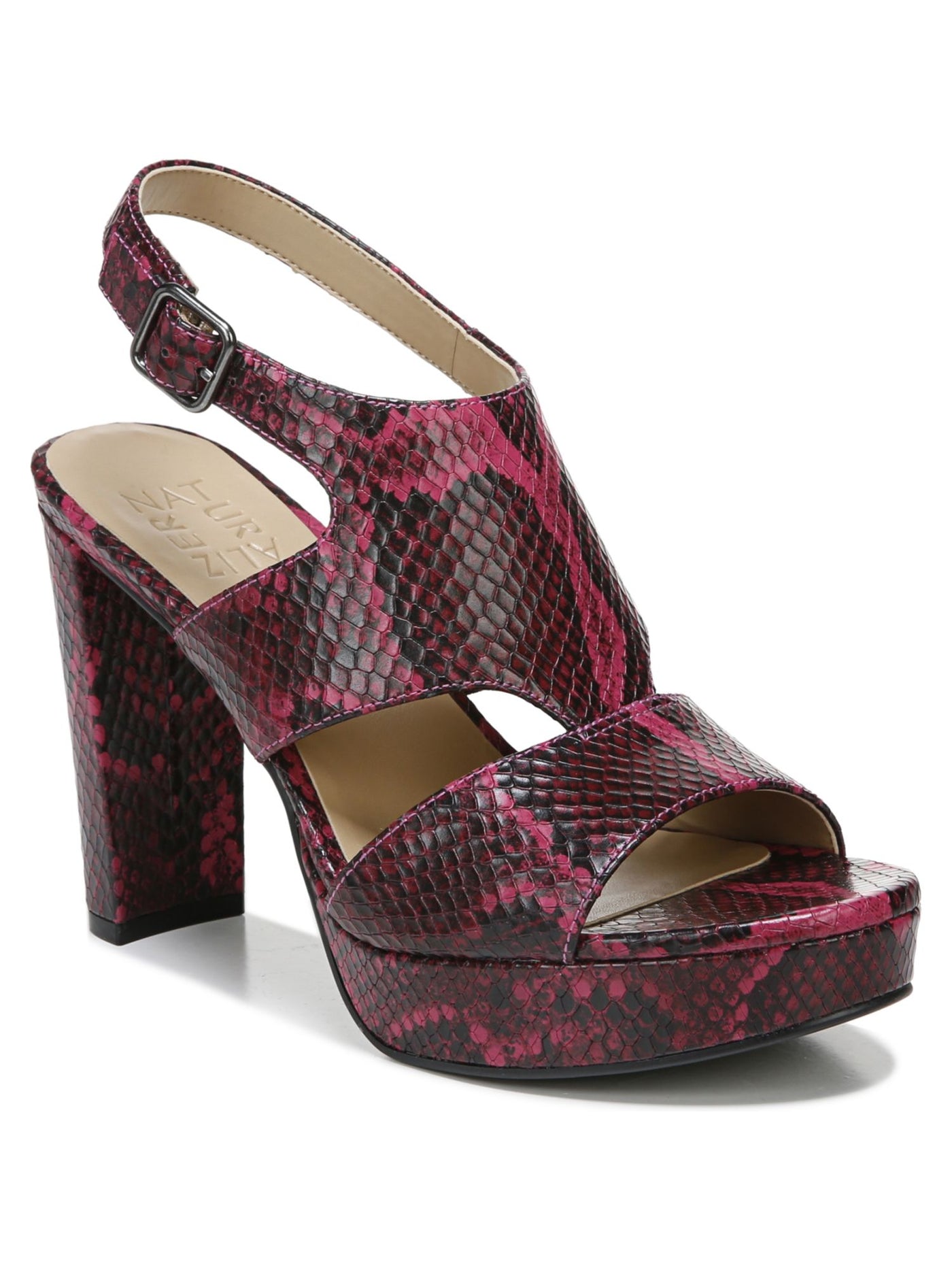 NATURALIZER Womens Pink Snake Non-Slip Comfort Maddie Round Toe Block Heel Buckle Leather Slingback Sandal 6 M