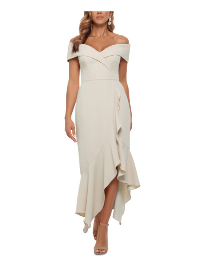 XSCAPE Womens Beige Stretch Zippered Ruffled Asymmetrical Hi-lo Hem Short Sleeve Off Shoulder Maxi Formal Fit + Flare Dress 4