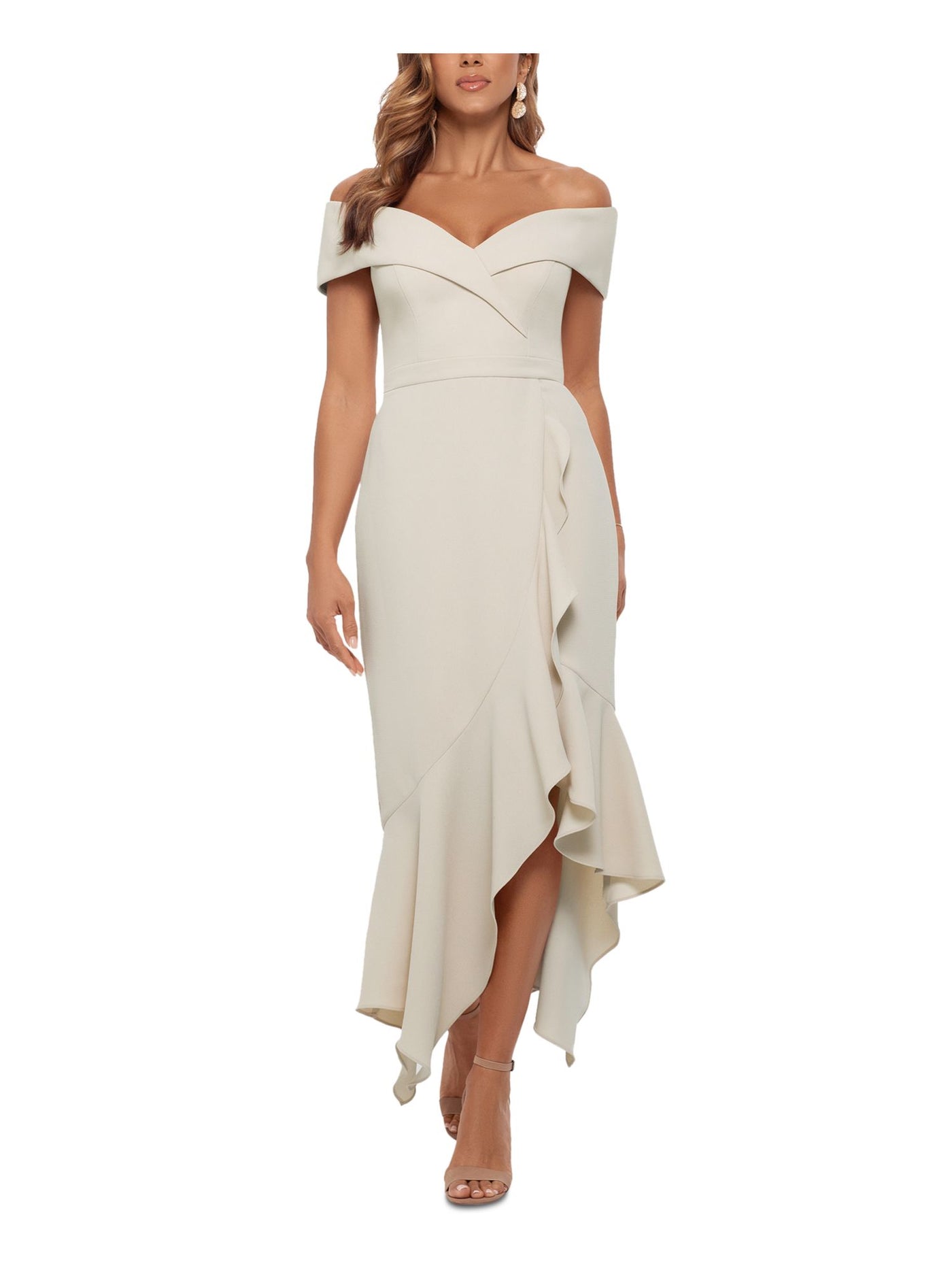 XSCAPE Womens Ivory Zippered Ruffled Asymmetrical Hi-lo Mermaid Hem Short Sleeve Off Shoulder Maxi Formal Fit + Flare Dress 12