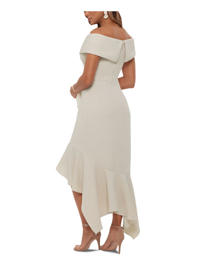 XSCAPE Womens Beige Stretch Zippered Ruffled Asymmetrical Hi-lo Hem Short Sleeve Off Shoulder Maxi Formal Fit + Flare Dress 4