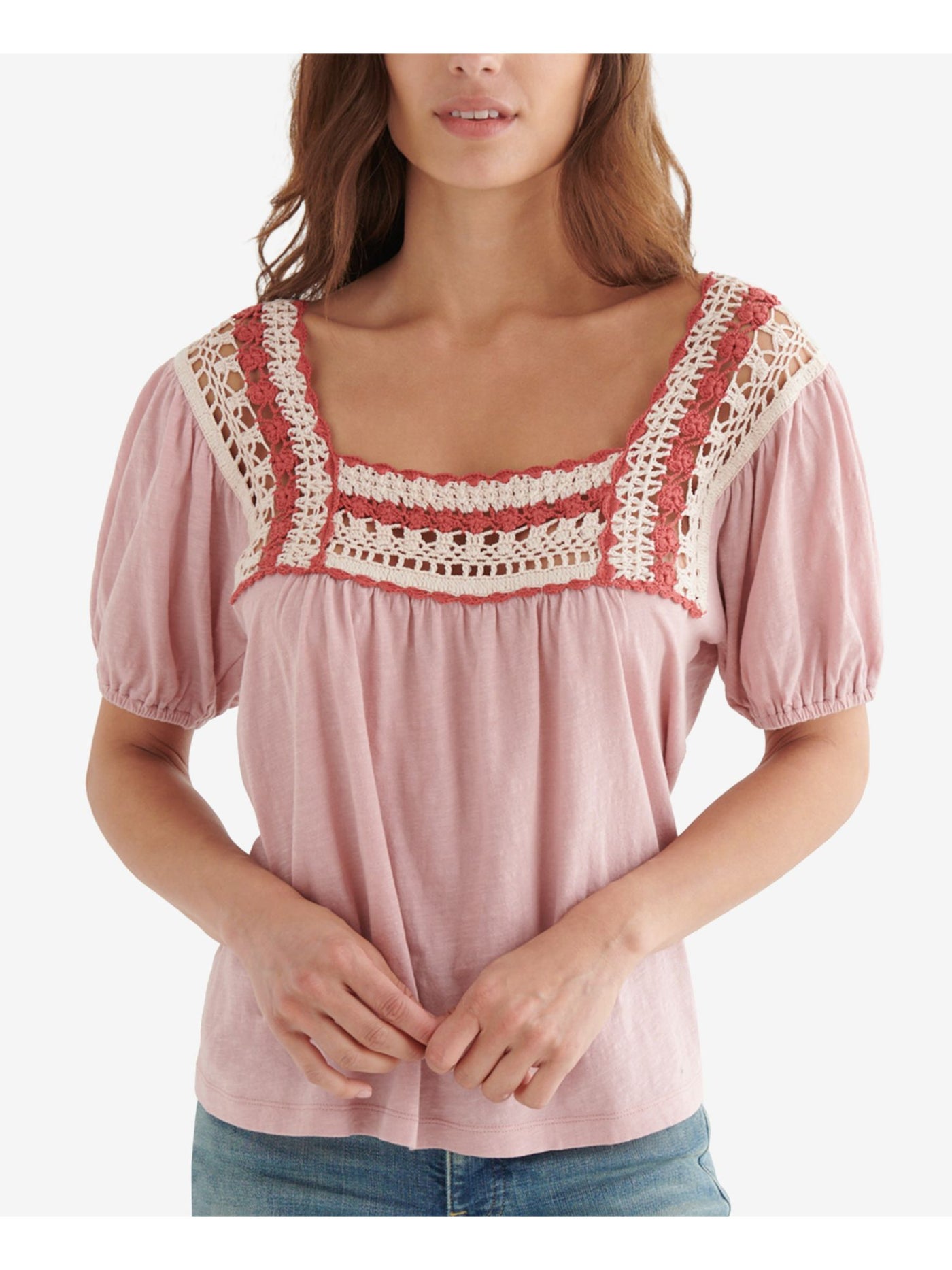 LUCKY BRAND Womens Crochet Short Sleeve Square Neck Top