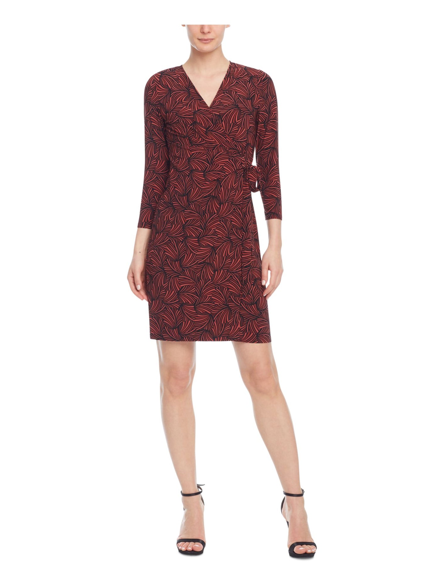 ANNE KLEIN Womens Red Stretch Tie Printed 3/4 Sleeve Surplice Neckline Above The Knee Cocktail Faux Wrap Dress S