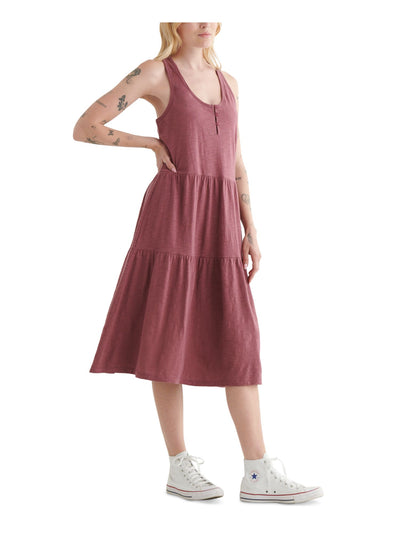 LUCKY BRAND Womens Pink Racerback Button Front Tiered Unlined Sleeveless Scoop Neck Below The Knee Shift Dress XS