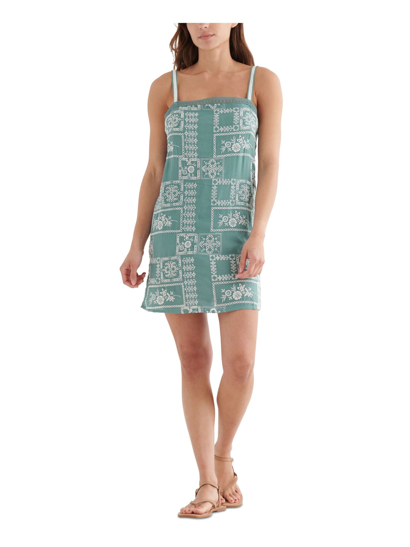 LUCKY BRAND Womens Teal Embroidered Textured Lace Zippered Lined Sleeveless Square Neck Short Shift Dress L