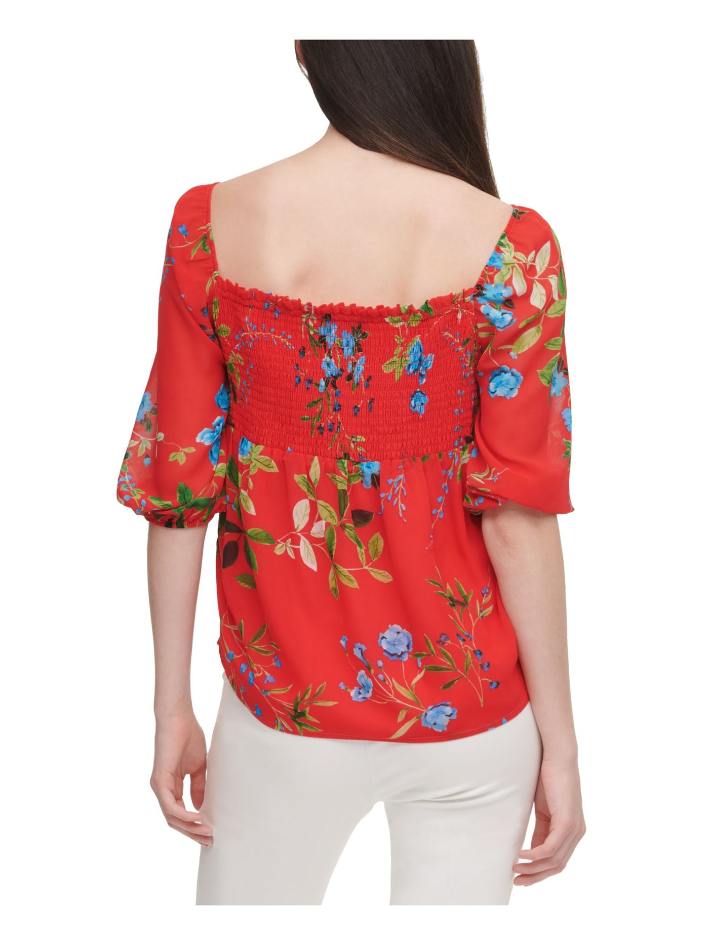 CALVIN KLEIN Womens Red Stretch Smocked Sheer Floral Elbow Sleeve Square Neck Wear To Work Top XL