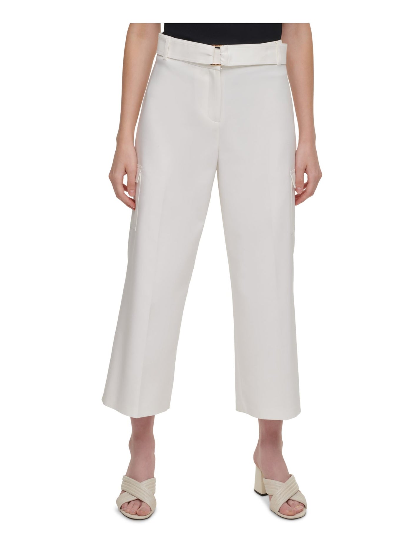 CALVIN KLEIN Womens White Stretch Zippered Pocketed Cropped D-ring Belt Wear To Work Wide Leg Pants 14