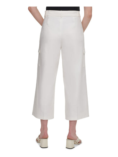 CALVIN KLEIN Womens White Stretch Zippered Pocketed Cropped D-ring Belt Wear To Work Wide Leg Pants 10