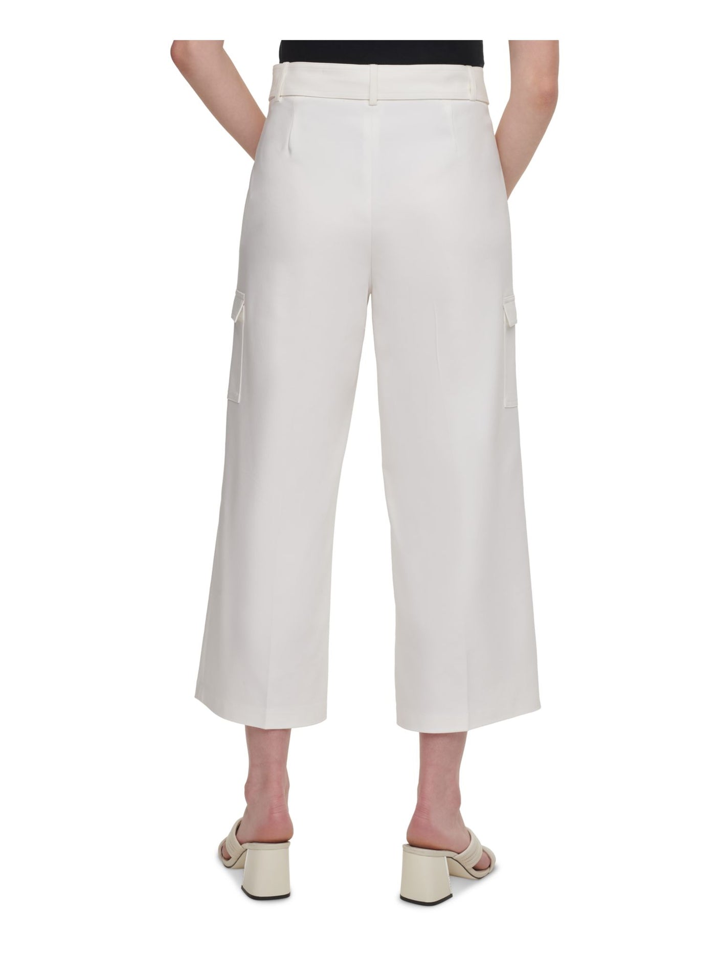 CALVIN KLEIN Womens White Stretch Zippered Pocketed Cropped D-ring Belt Wear To Work Wide Leg Pants 12